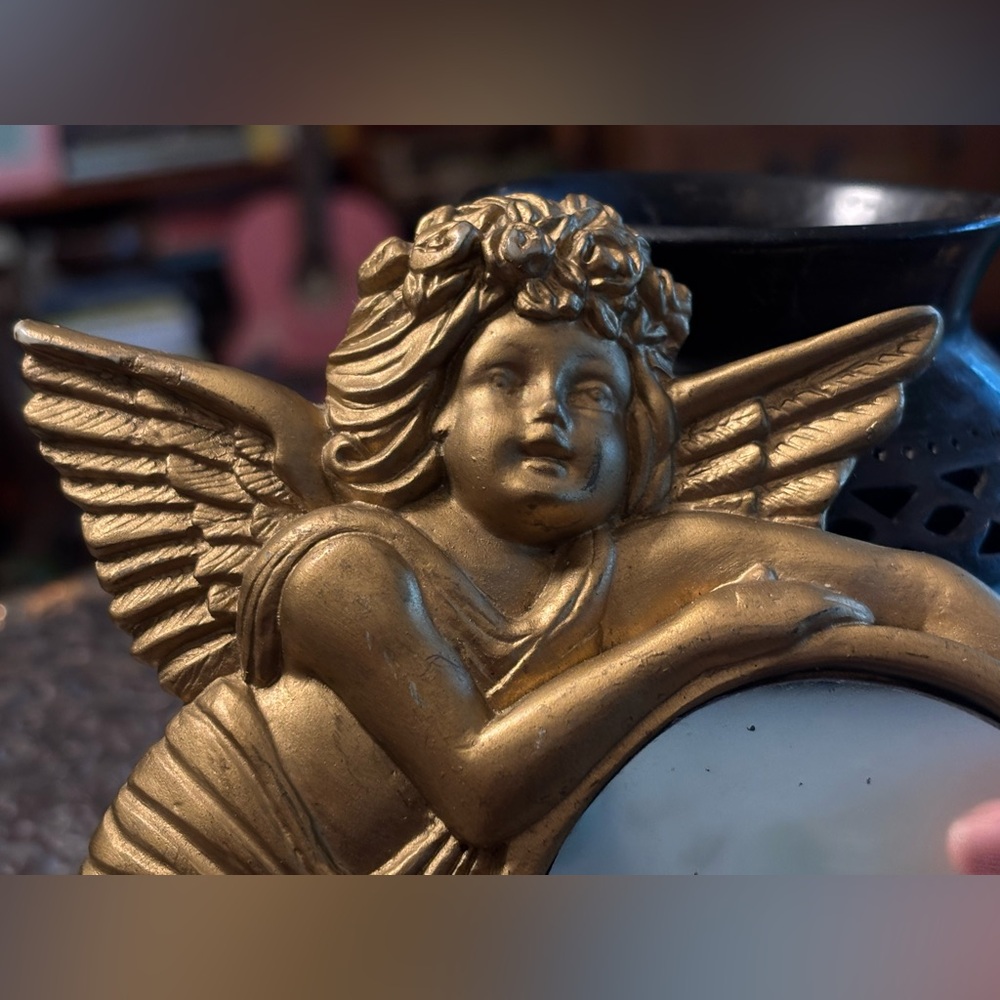 Vintage Gold Cherub Mirror w/ Roses • Romantic Angel Vanity Décor • Collectible - Picture 8 of 14